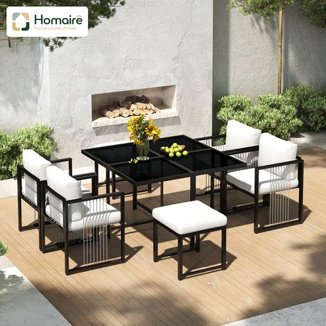 HOMAIRE 7-teiliges Esstisch- und Stuhlset für 6 Personen im Außenbereich mit gehärtetem Glas-Tisch, ideal für Mahlzeiten im Hinterhof und auf der Gartenterrasse