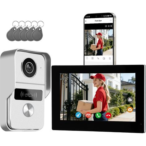 Fils Kit Visiophone Connecté Interphone Vidéo, Sonnette vidéo avec Caméra et Ecran Tactile Couleur 7", Déverrouillage de porte/portail à distance,Détection de Personne et Audio Bidirectionnel (1/5)