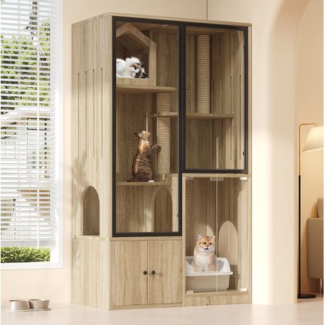 Maison pour chat 4 niveaux avec porte en verre trempé, 90x50x160 cm DESVIAE (1/5)
