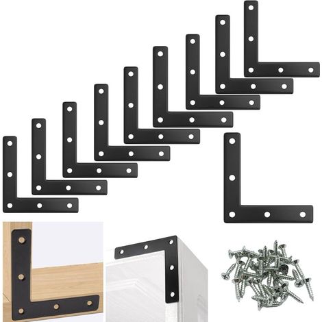 Escuadras planas en forma de L, 10 piezas, 80x80 mm, escuadras planas metálicas de 90 grados con tornillos, soportes de fijación planos para armarios, muebles, mesas y sillas de madera, color negro. (1/5)