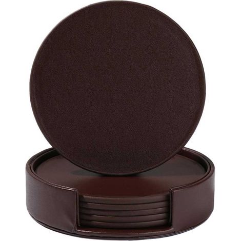Ensemble de 6 sous-verres en cuir PU marron avec supports (1/2)