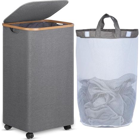 Panier à Linge sur Roues 100L, Grands Panier à Linge avec Couvercle, Panier à Linge Pliable avec Poignées en Bambou et sac Amovible pour la Chambre, la Salle de Bain, la Buanderie (1/5)