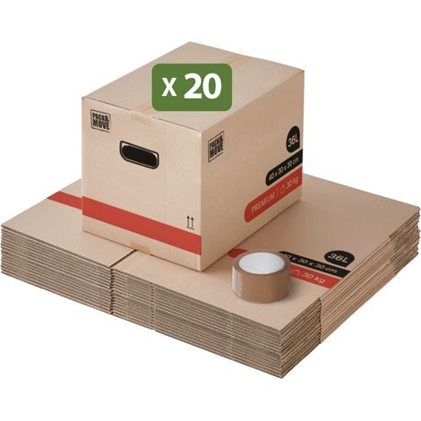 Pack and Move - Lot 20 Cartons Déménagement Livres Premium - 40 X 30 X 30 Cm - Extrême Résistance 30 KG - Poignées Renforcées - 1 Adhésif Offert