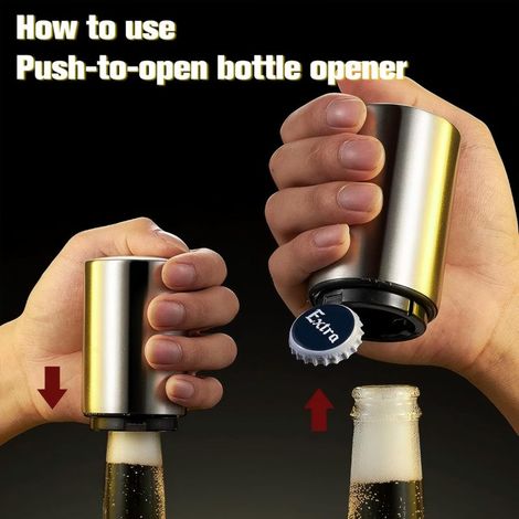 Ouvre-bouteille magnétique en acier inoxydable avec récupérateur de capsules automatique et accessoires de bar pratiques à pousser et tirer. Argenté. (1/2)