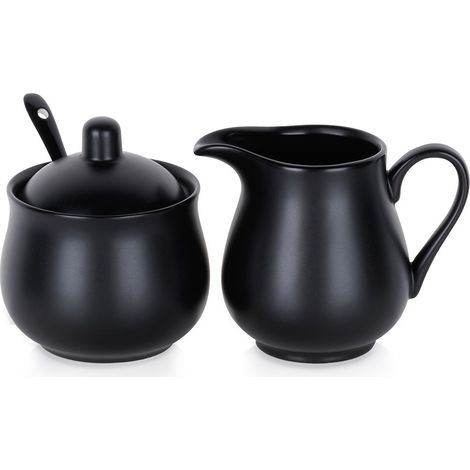 Juego de azucarero, jarra de leche, cuchara, recipiente para leche y azúcar, color negro. (1/5)