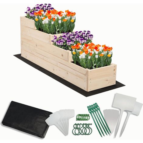 MODO24 Carré potager surélevé en bois, 4 niveaux en cascade, 45x30x120 cm, jardin/terrasse, kit jardinier inclus, naturel
