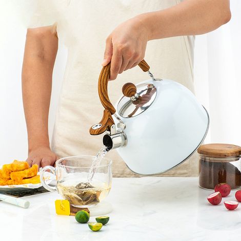 Bouilloire à sifflet en acier inoxydable avec poignée pliable, 2,5 L, blanche, pour la cuisinière (1/5)