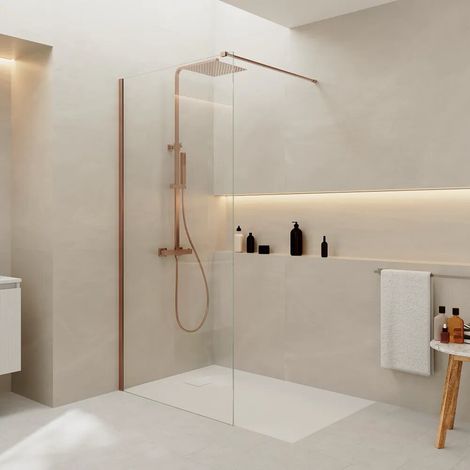 Douche à l italienne 130 cm verre 8 mm anti calcaire h200 profilé en cuivre brossé Keros (1/4)