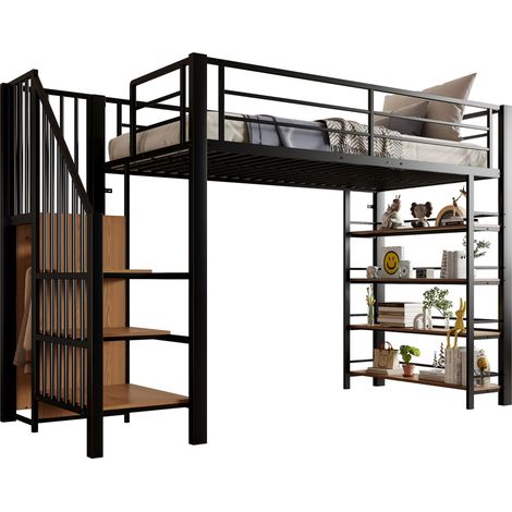 Hochbett Einzelbett mit Stauraumtreppe, Kleiderschrank und Regalen, 90 x 200 cm, ohne Matratze, Schwarz (1/5)