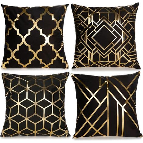 Filiyano – oreiller – Ensemble de 4 taies d'oreiller (noir/or) (sans coussin intérieur), motif géométrique moderne avec fermeture éclair invisible (1/5)