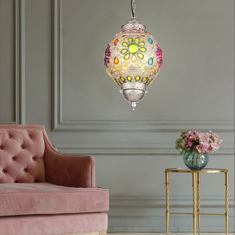 Esszimmerlampe Pendellampe Deckenleuchte Hängelampe Küchenlampe Kristalle, Metall silber Acrylkristalle bunt, 1x LED 9W 810Lm warmweiß, DxH 27x120 cm