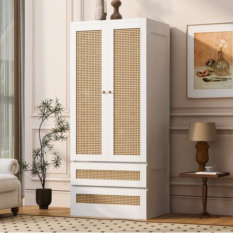 Armario de 70x55x170 cm, 2 puertas con 2 cajones y amplio espacio de almacenamiento, efecto ratán, madera - blanco (1/5)