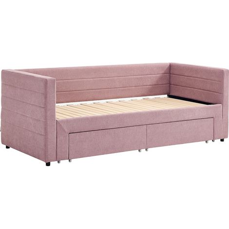 Lit gigogne 2 x 80 x 200 cm - Avec sommier peigne et tiroirs - Tissu texturé - Rose - CAMITY