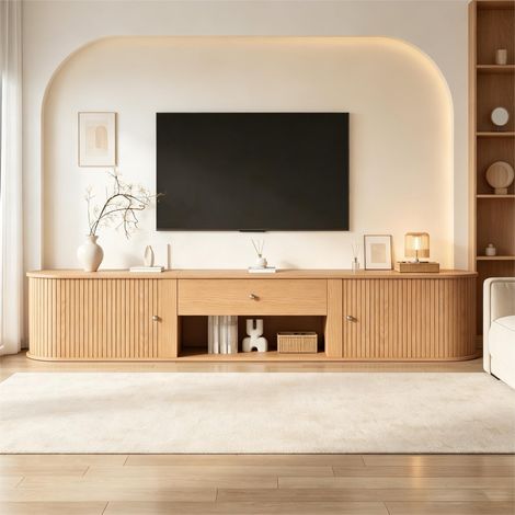 Table TV basse, meuble TV avec design arrondi et 2 portes à enrouleur, 1 tiroir, meuble TV pour écrans jusqu'à 75 pouces, pour salon et salle à manger, 180x40x40 cm, couleur bois (1/5)
