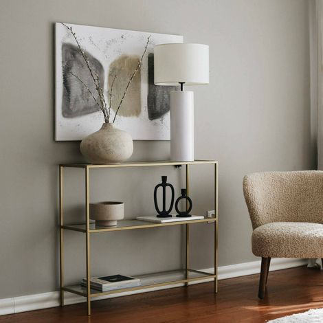 Dmora - Consola Dkerriga, Mesa multiusos, Gabinete de soporte, Escritorio de pasillo, 100x30h85 cm, Oro (1/5)