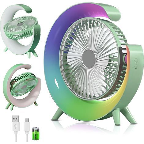 USB-wiederaufladbarer Mini-Tischventilator, 3 Geschwindigkeitsstufen, 360° verstellbar, LED-Licht, für Büro/Zuhause/Reisen/Camping/Küche, grün (1/5)