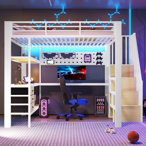 Hochbett 140x200 cm Metall/MDF weiß mit Schreibtisch und LED, ohne Matratze – MEUBLIV (1/5)