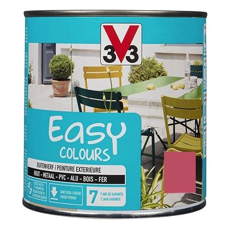 V33 – Peinture extérieure Easy Colours satin hibiscus 0,5 L – Pour bois, PVC, alu et fer – Haut pouvoir couvrant (1/2)