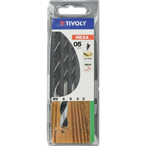 Tivoly • Scatola da 5 Punte per Legno a 3 Punte Gambo Extra Hexa 6,35mm contenente Ø3-4-5-6-8mm (1/2)