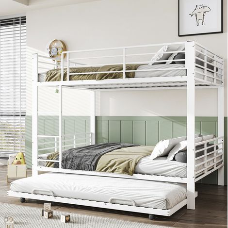 Letto a castello 205x145x170 cm, 3 posti con letto inferiore estraibile, griglia alta di sicurezza, metallo bianco opaco (1/5)