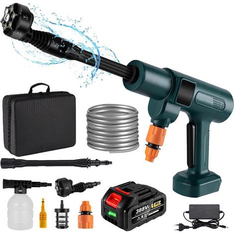 Akku-Hochdruckreiniger, tragbar, kabellos, Hochdruckreiniger, Durchflussrate 4,1 l/min, für die Reinigung von Autos, Haus, Garten, Bewässerung, Sechs-in-Eins-Düse, 18-V-Batterie, 5 m Schlauch (1/5)