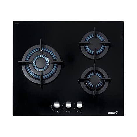 CCI 6021 BK - Piano Cottura a Gas Butano a 3 Fuochi - 1 Tripla Corona - Predisposto per Cottura a Gas Naturale - Larghezza 59 cm - Potenza totale 6,25 Kw - Griglie e Bruciatori a Gas Smaltati - Cata (1/4)