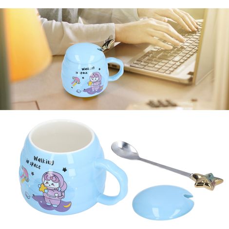Niedlicher Keramik-Kaffeebecher, Bürobecher, Geschenk mit Deckel und Löffel, Sternenhimmel-Muster. (1/5)