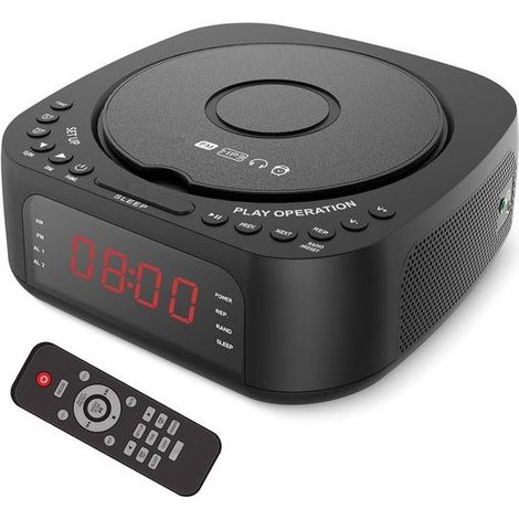 Réveil Bluetooth avec Lecteur CD, Radio FM, Haut-parleurs Hi-Fi Intégrés, Double Alarme, Minuterie de Sommeil, Luminosité Réglable (1/5)