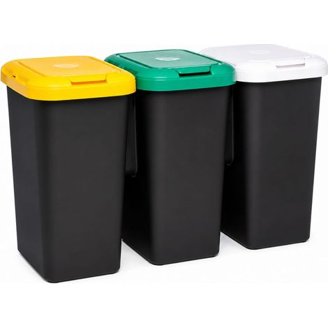 Pattumiera per la raccolta differenziata 3 scomparti - Capacità 75 litri e misura 79x32x48 cm - secchio per spazzatura con coperchi colore Bianco, Giallo e Verde (1/5)
