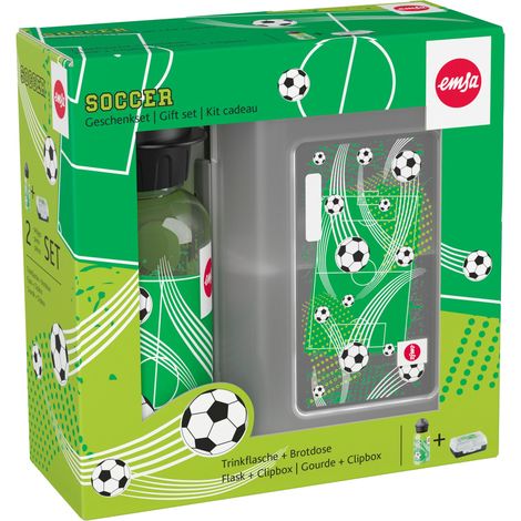 Emsa Kids Set Tritan, 2-tlg., Trinkflasche, Kinderflasche, Brotdose, Dose, Soccer, 400 ml, 518140
