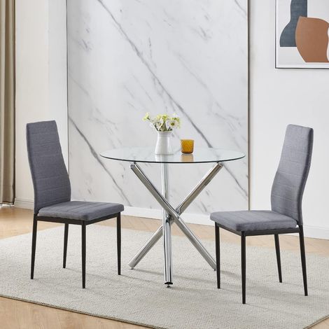 90x90 Round Table and Chairs, Round Glass Table with Chairs, Dining Table Set of 2/4 (Linen, Grey, With 2 Chairs)