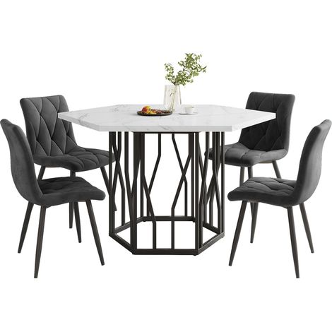 Conjunto de Mesa y Sillas con 1 Mesa de Comedor Hexagonal y 4 Sillas, MDF, Acero y Terciopelo, Negro y Gris (1/5)