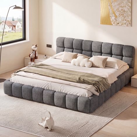 Lit Double Rembourré 140x200 cm,Lit Bulle avec Sommier à Lattes, Lit adulte 140x200 Lits 2 Personnes Capitonne avec Tête de Lits,Cadre de Lit pour Adulte et Adolescents,sans Matelas,Tissu en Lin,Gris