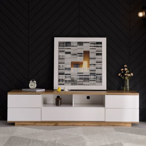 Meuble TV 180 cm style moderne coloris blanc aspect bois (1/5)