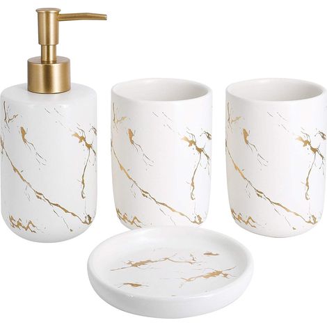 Set di accessori da bagno in ceramica da 4 pezzi con dispenser di sapone, bicchieri e portasapone (bianco) (1/5)