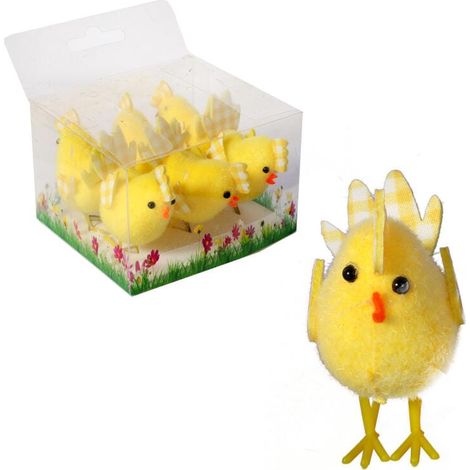 Galline decorative gialle con cresta e ali a scacchi, 6 pezzi - Decorazioni pasquali, 5 cm (1/4)