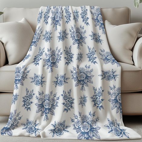 Plaid vintage fleurs bleues 59×51 pouces – flanelle, bureau/chambre/canapé, femmes/hommes