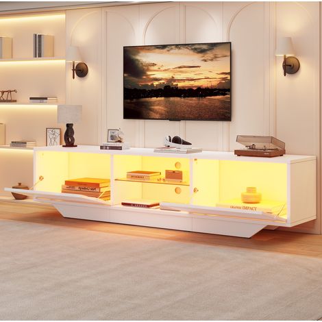 Mueble para TV LED de 160x35x44,5 cm con almacenamiento y puertas abatibles, para televisores de hasta 65 pulgadas, blanco brillante. (1/5)