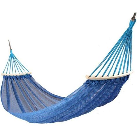 Amaca da giardino e da campeggio colorata in cotone con supporto in legno da appendere con sacca per il trasporto 185x135 cm blu (1/4)