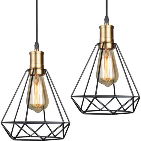 Lot de 2 Retro Suspension Industrielle LED Cage Diamant , Suspension Luminaire en Fer E27, Noir et Idéal pour Salle à Manger, Salon, Chambre et Restaurant BLOW (1/5)