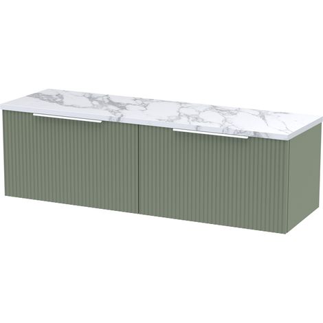 Tixall Fluted 2 Drawer Wall Hung Vanity Unit with Laminate Worktop, Satin Green, 1200mm