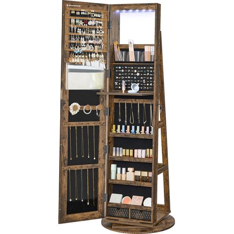 Songmics – Armoire à bijoux pivotante 360° avec miroir sans cadre – 6 LED – 3 étagères – Surface en marron rustique – Doublure en velours noir