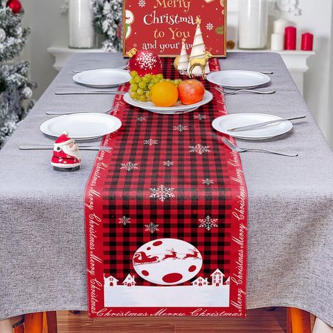 Chemin de table rouge en lin et coton de Noël - Décoration avec traîneau, renne, flocon de neige et motif Père Noël (33 x 229 cm) (1/5)