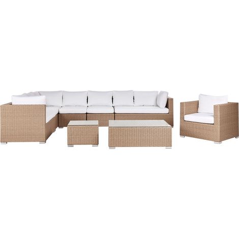 Lounge Set mit Tisch 8-Sitzer XXL rechtsseitig modular Polyrattan Sandbeige