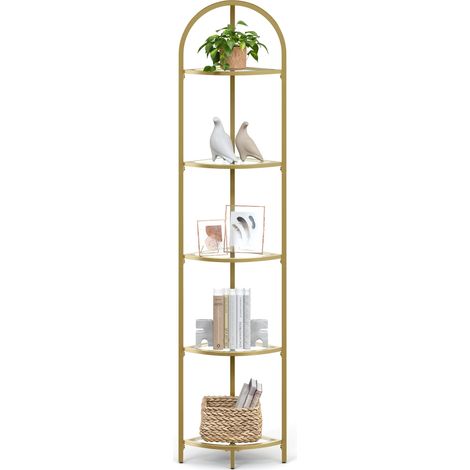 Étagère d'angle à 5 Niveaux, Bibliothèque, Cadre en Métal, Étagère de Rangement en Verre Trempé, Antirouille, Salon, Chambre, Cuisine, Salle de Bain, Moderne, Doré LGT810A01 (1/5)