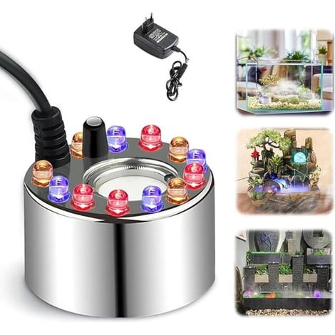 Machine à brouillard ultrasonique avec 12 LED – Générateur de brouillard silencieux pour Halloween, jardin, aquarium et fontaine – Argenté – Ø 4,5 cm – Pour réservoirs d'eau de 4,1 à 6 L (1/5)