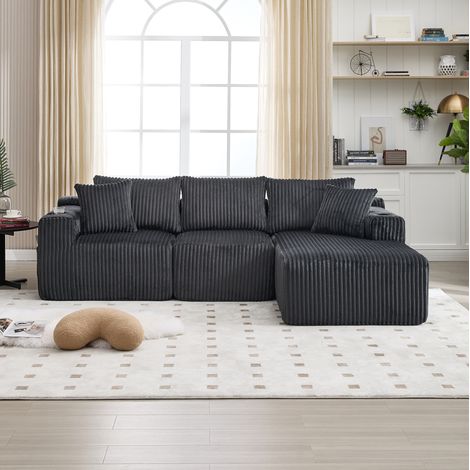 Sofá modular con chaise longue y 2 plazas, cord gris, 5 cojines DESVIAE (1/5)