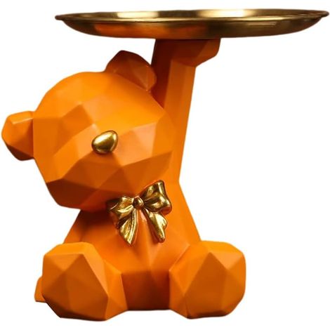 Bol en Résine Ours avec Plateau, Rangement Clés, Bijoux, Accessoires, Décoration d'Entrée, Statue Ours Orange (1/5)