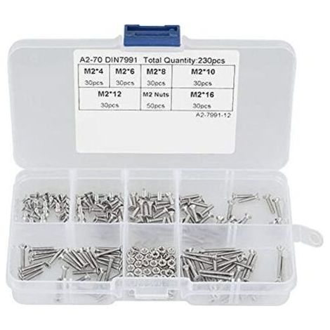 230 pcs M2 304 vis à métaux, Vis cylindriques tête plate boulon en acier inoxydable écrous assortiment kit (1/5)