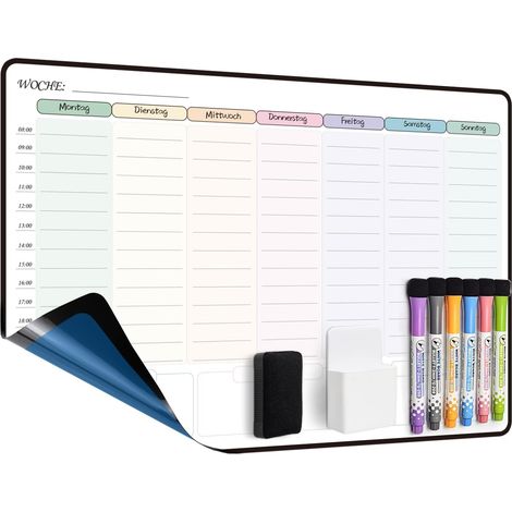 Tableau blanc, Planificateur Semainier, Planning Hebdomadaire, 42 x 28 cm, effaçable, autocollant pour mur, verre et bois (toute surface lisse), tableau mémo en allemand (1/5)